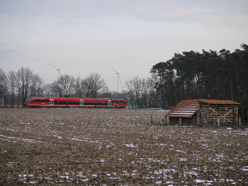 Ein kleine Kombination vom Winterwetter, Waldgebiet, Holzlager und Wintrder. So schn kann auch das mnsterland aussehen. Der Zug fhrt durch die Bauernschaften und erreicht in krze Ahaus. 13.03.2013