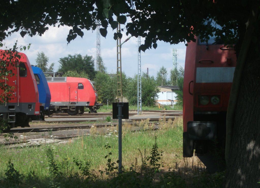 Ein kleines Experiment: Whrend die Front von 185 274, 185 516 und 145 012 seitlich zu sehen ist, beobachtet, gut versteckt, 152 139 den Fotografen, der am 26.Juli 2011 eine Runde um den Lokschuppen drehte und dieses Foto schoss. Standpunkt ist ffentlich zugnglich.