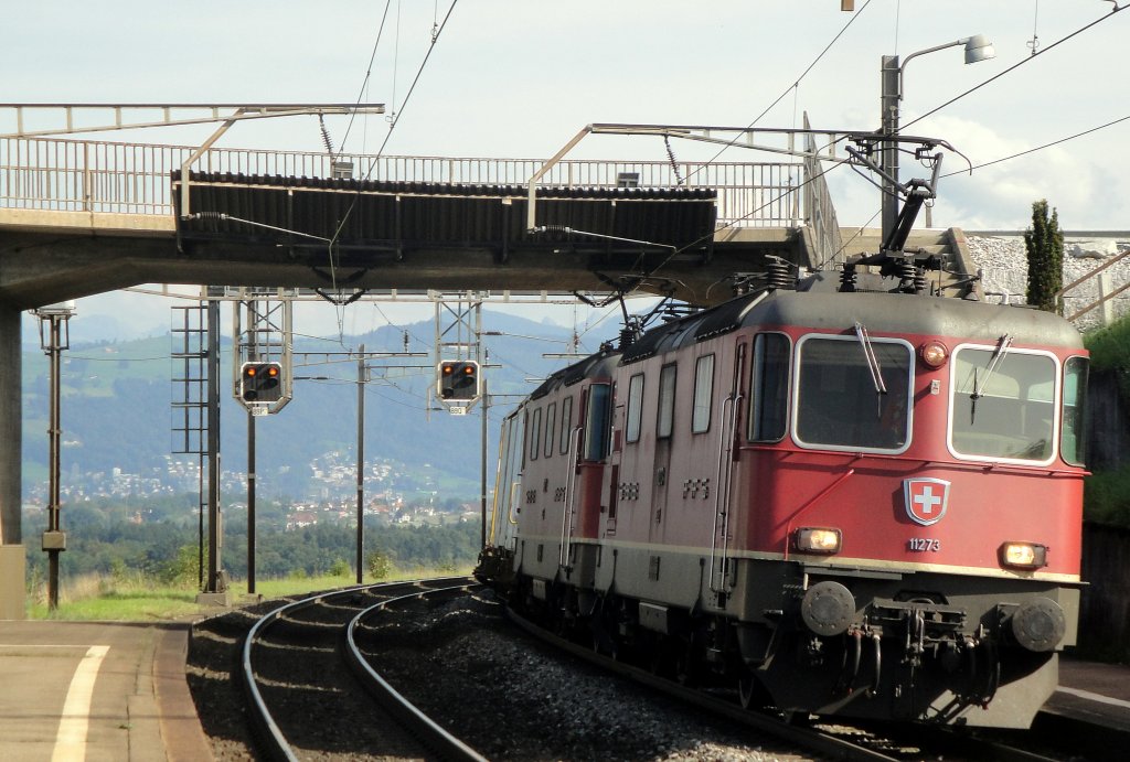 Ein letzter Blick in die Zentralschweiz: Am 01.09.11 verlassen die Re 4/4  11273 und eine Schwesterlok bei Mhlau den Alpenraum. Im Hintergrund ist ein Teil der Stadt Zug zu erkennen.