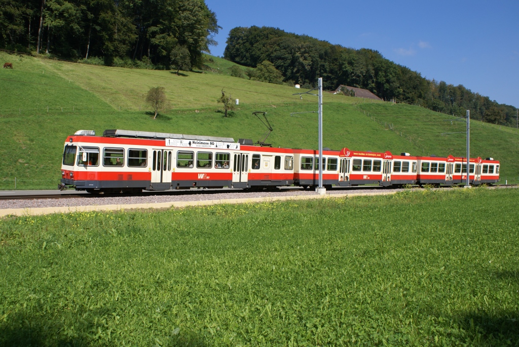 Ein Pendelzug bestehend aus dem BDe 4/4 17, dem Bt 120 und dem Bt 117 befhrt am 19.9.10 das neu gebaute Teilstck in Hirschlang.