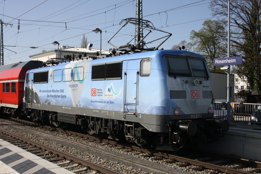 Ein Portrait der 111 031-1  Olympia  in Rosenheim. Aufnahmedatum 10.04.2011