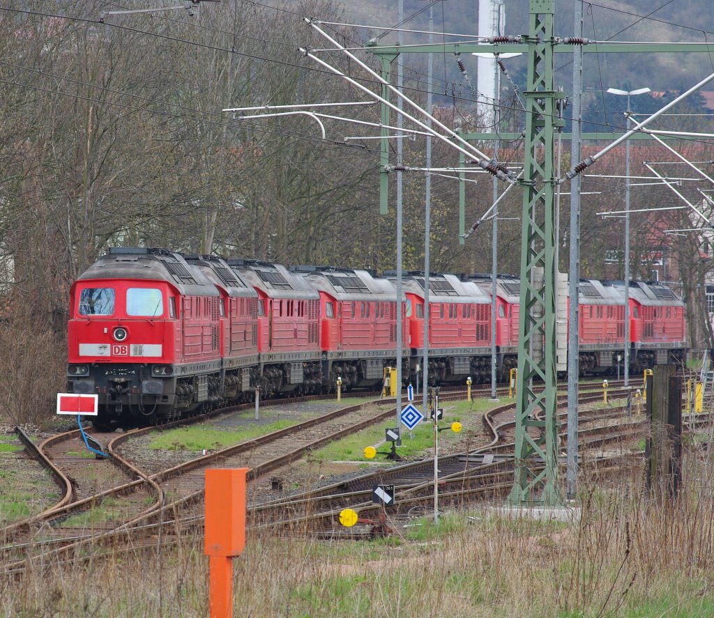 Ein recht trauriges Bild bieten diese acht Ludmillas, welche in Eisenach abgestellt sind. Einige sind schon etwaiger Teile beraubt. Aufgenommen am 11.04.2010 (mit Tele vom Bahnsteig)