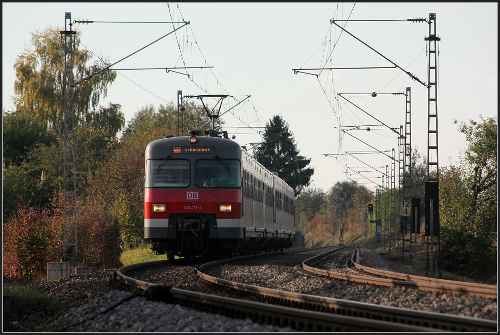 Ein S-Bahnzug der Baureihe 420 kurz vor Erreichen der Station Stetten-Beinstein. Das Licht finde ich so interessanter, als wenn mir die Sonne im Rcken gestanden htte. Mir gefllt die ins helle gehende Rundung an der Front links und die Reflexion des Himmels auf die rechte, sich auf der Schattenseite befindlichen Zugseite. Leider lsst sich bei sehr kurzen Belichtungszeiten die Zugzielanzeigen nicht mehr ordentlich abbilden. 21.10.2010 (Matthias)