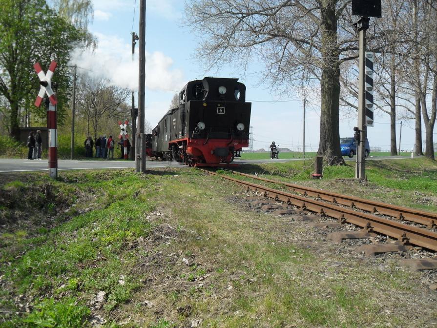 Ein sogenannter  Doppelzug  bestehend aus Lok 9 und zwei Wagen und Lok 11 und drei Wagen wurde im Hp. Zirkelschacht auseinander gekuppelt. Lok 9 hat mit ihrem Zugteil Ausfahrt nach Hettstedt und berfhrt gerade die B 242. (17.04.2011)