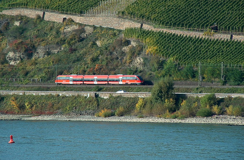 Ein Triebwagen der BR 643 war am 10.10.2008 bei Boppard unterwegs in Richtung Koblenz.