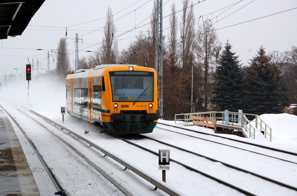 Ein Triebwagen der ODEG ist am 30.01.10 auf dem Weg nach Lichtenberg, als er am S-Bahnhof Karow vorbei braust.