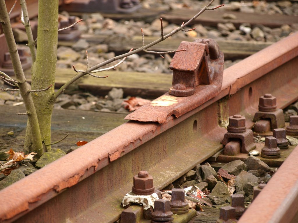 Ein vergessener Hemmschuh auf einer stark beanspruchten Schiene in den inzwischen zugewachsenen Gleisen am Aachener Westbahnhof. Dieser Teil der Gleisanlagen wird schon seit Jahren nicht mehr benutzt und bald abgerissen um fr den neuen RWTH Campus Platz zu schaffen.