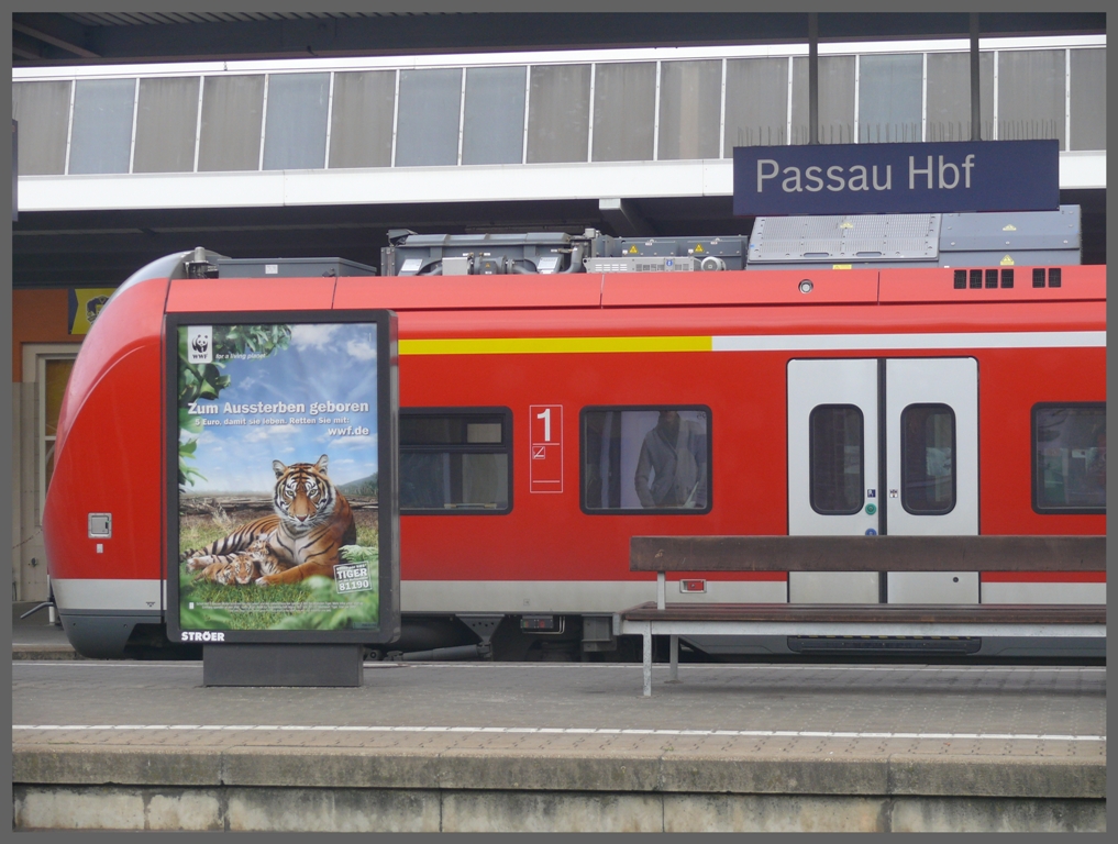 Ein weiterer Durchblick aus Passau.  Zum Aussterben geboren  bezieht sich hoffentlich nur auf das WWF Plakat und nicht auf den problembehaftetetn Triebzug der BR440 dahinter. Ausser dass der Triebzug ab Freising total berfllt war, empfand ich die Fahrt als sehr angenehm nach Mnchen Hbf. (28.10.2010)