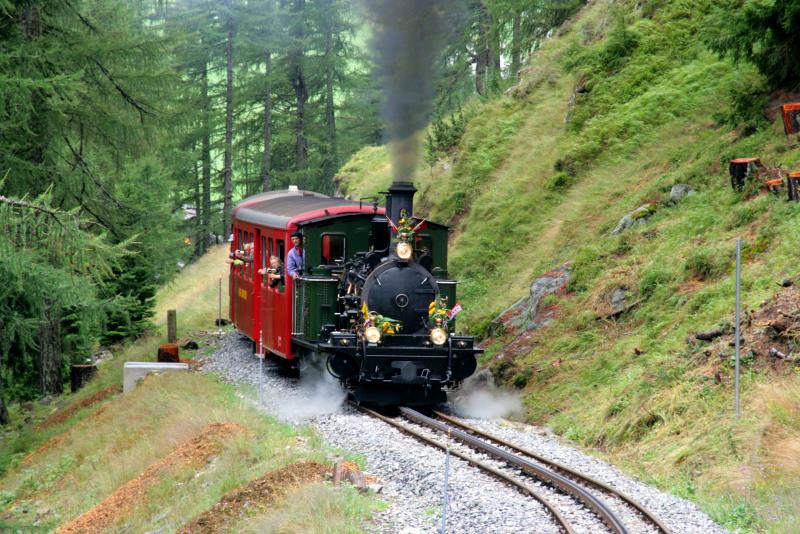 Ein wunderschner Streckenabschnitt im Rhonetal. DFB Nr.6  Weisshorn  schlngelt sich mit ihrem Zug nach Gletsch; 14.08.2010