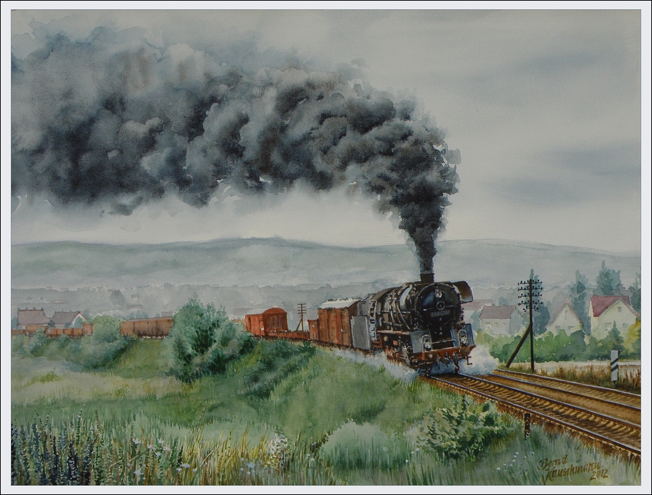 Eine 44 auf der Rampe von Saalfeld nach Unterwellenborn, Aquarell nach einem eigenen Foto von 1980.
Maler und Fotograf Bernd Kauschmann