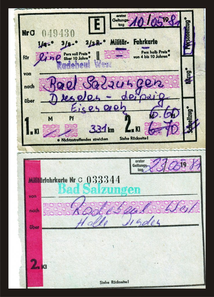 Eine Freifahrt und eine sehr billige (ja billige, nicht preiswerte ) Fahrkarte, und dennoch kein Grund zur Freude. Zum Glck war der Benutzer der Fahrkarte  schon  Resi  (Reservist), so hatte die  Asche  (DDR umgangssprachlich fr NVA) schon den grten Schrecken verloren.