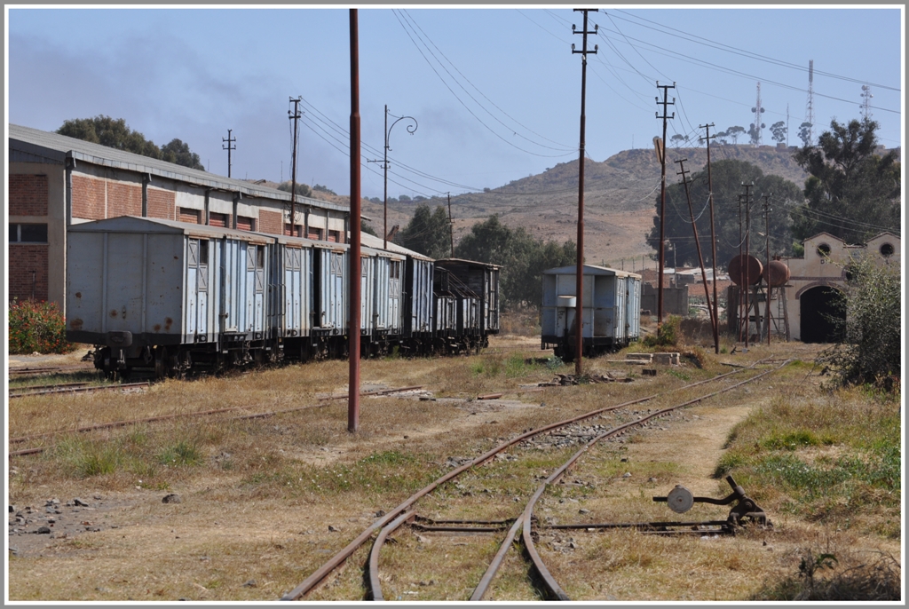 Eine lhmende Stille herrscht noch ber dem Bahngelnde von Asmara mit seinen zahlreichen abgestellten Krupp-Wagen. (28.01.2012)