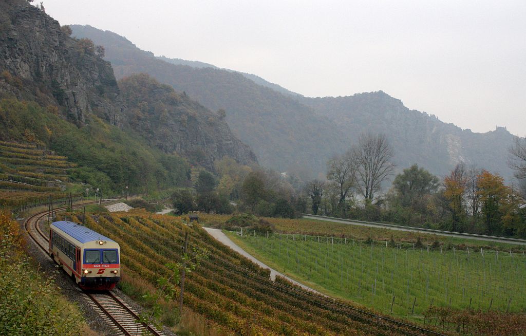 Eine der letzten Mglichkeiten fr Aufnahmen der Wachauerbahn bietet noch dieser Herbst, da ab 2011 auch die Einstellung dieser Bahnstrecke bevorsteht! Hier 5047 029-3 am 30.Oktober 2010 in den Weinbergen zwischen Drnstein und Weienkirchen. 