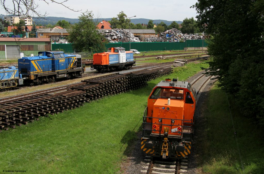 Eine MaK G 1206 von northrail in Aschaffenburg am Hafen 22.6.11 Das Bild entstand von einer Straenbrcke aus.