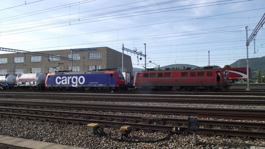 Eine Re482 019 und eine Ae6/6 11424 warten am Hupac-Terminal Aarau auf die Abfahrt, 21.09.11.