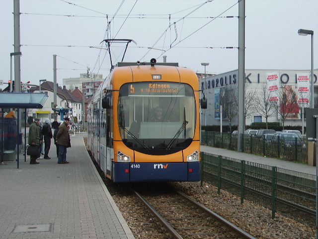 Eine RNV Bombardier Straenbahn in Viernheim am RNZ/Tivoli am 23.01.11
