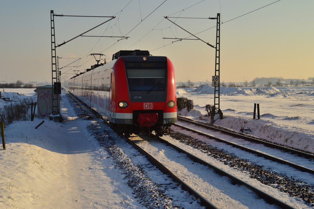 Eine S11 nach Dsseldorf kommt von 423 196 gefhrt bei Allerheiligen an den Haltepunkt heran gefahren. 8.12.2012