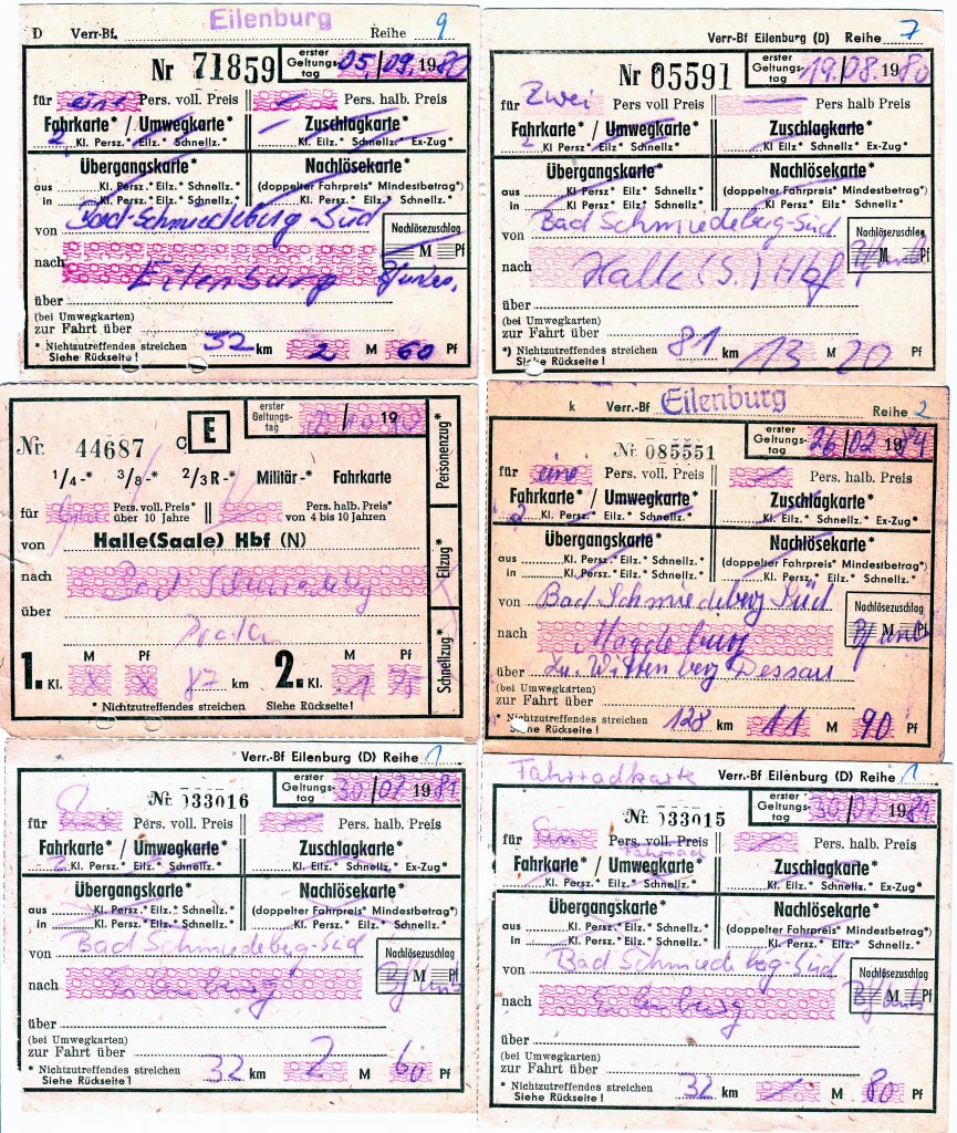 Eine Serie von handgeschriebenen Fahrkarten, natrlich nicht fotografiert, sondern
gescannt. Sie stammen aus einem Schatzkstlein von ungefhr 300 Fahrkarten, die ich mal gesammelt habe.
Hier betrifft es fast nur die Strecke Bad Schmiederberg - Halle , oder auch mal Leipzig . Bad Schmiedeberg Sd - das Dorf heit Moschwig - war der Ausflugspunkt fr den in Halle wohnenden  Fahrkartensammler .
Rechts unten : eine Fahrradkarte !