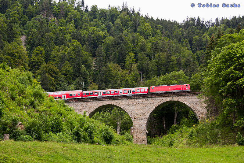 Eine unbekannte 143er zog den RB 26929 mit Versptung ber dem Ravennaviadukt im Hllental am 24.06.2012.