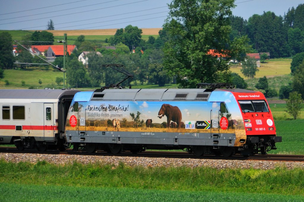 Eine wunderschn gestaltete Lok: 101 087-5  Packendes Sdafrika  im Lokportrait vor IC 2261 (Karlsruhe - Mnchen). Sie soll noch vier Schwesterlokomotiven mit weiteren Sdafrika-Motiven bekommen. (KBS 980 vor Burgau, 28.05.2012).
Edit 31.05.2012: Die  Afrika 2  101 118-8 ist seit heute unterwegs.