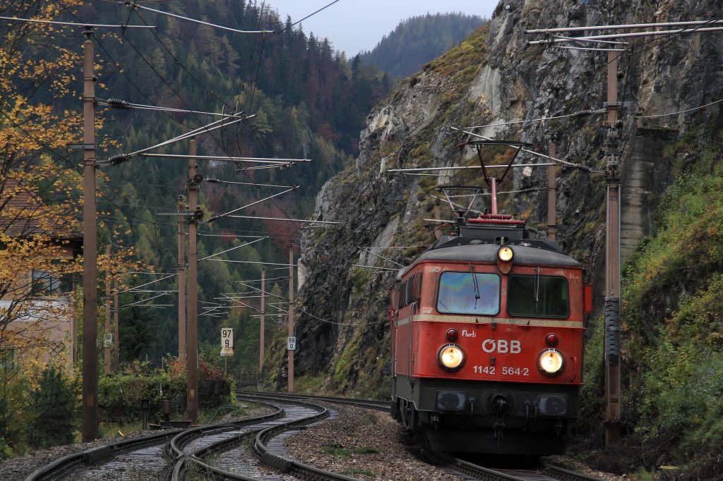 Einen netten Namen hat die BB 1142 564-2 bekommen.
Sie heit seit geraumer Zeit  Flurli .
Hier fhrt  Flurli  am 27.10.12 mit zwei 1144ern im Schlepp LZ Richtung Gloggnitz.
Festgehalten kurz vor der Durchfahrt im Bahnhof Breitenstein.
