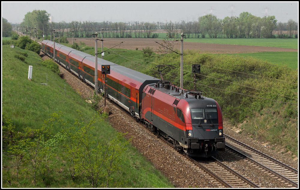 Einen weiten Weg, den 1116 231 mitsamt der railjet-Garnitur 31 auf dem Weg von Frankfurt nach Budapest zurcklegt...
Aufgenommen am 01. Mai 2013 kurz vor Gramatneusiedl.