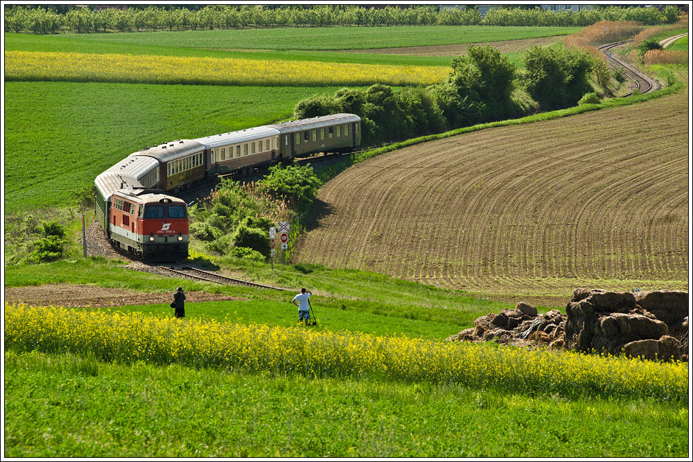 Einen zweiten Sonderzug nach Ernstbrunn befrderte 2143 009 im nicht gerade sehr historischen Valousek-Designvon Wien Heiligenstadt am 6.5.2012 ber die kurven- und steigungsreiche Strecke ber den Schareiterberg bei Mollmannsdorf. Lieben Gru an alle Mitfotografen, sowie an die zwei sichtbaren hier.....