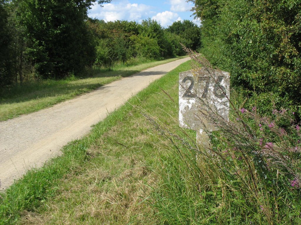 Einer der ganz wenigen erhaltenen Kilometersteine als Relikt der ehemaligen Bahnstrecke Schwarzenbek - Bad Oldesloe, KBS 114 b (Personenverkehr bis 29.05.1976, Gterverkehr bis 31.08.1984). Die 24 km zwischen Trittau und Bad Oldesloe sind fast durchgngig als Radweg angelegt; 12.08.2012
