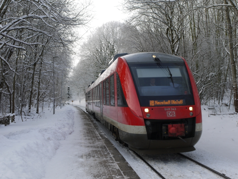 Einfahrt einer Regionalbahn nach Neustadt/Holstein in den Haltepunkt Sierksdorf/Ostsee. 30.12.2010