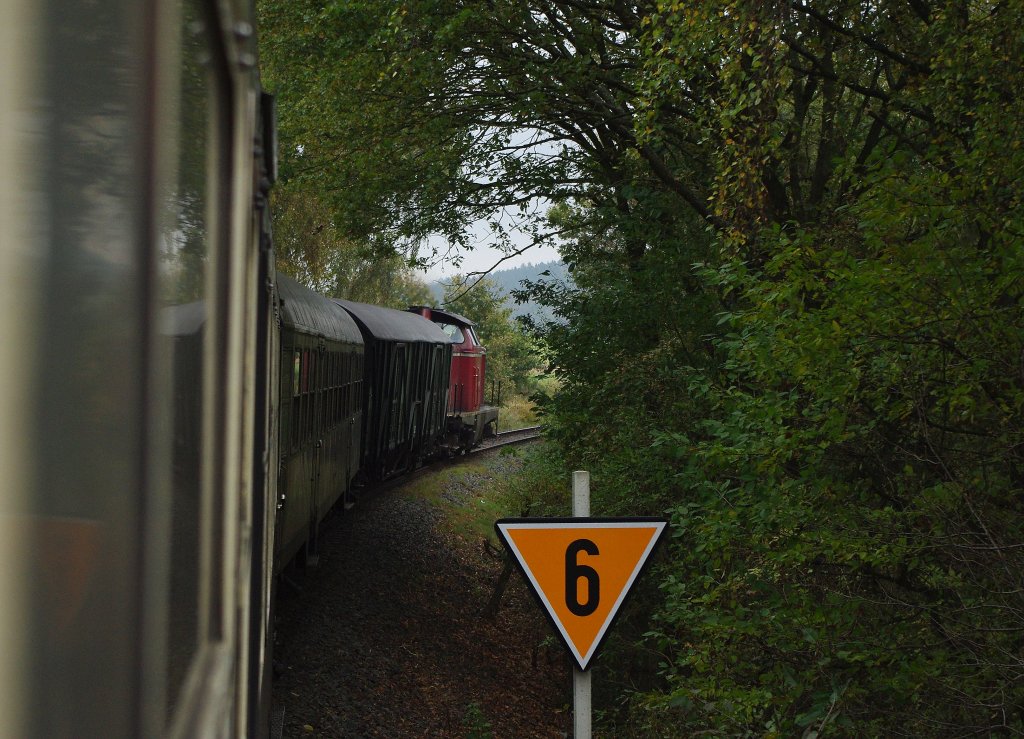 Eingleisige Strecken knnen ganz schn von der Natur bedrngt werden... Aufnahme whrend der Fahrt mit V100 2299 von Marburg nach Frankenberg(Eder) am 23.10.2010.