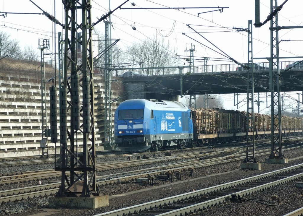 Einige Bahnsteige entfernt und nur zwischen den Masten erwischt, Herkules der Pressnitztalbahn (253 014-9) mit Holzzug in Kassel-Wilhelmshhe (3.3.2012).