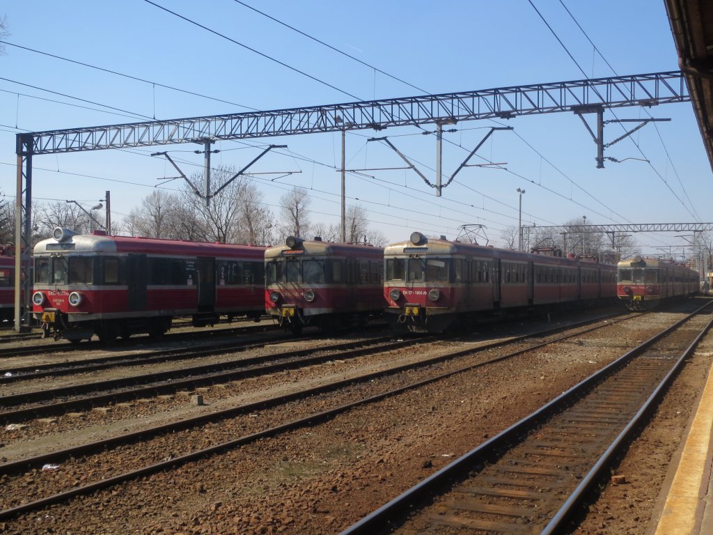 Einige EN57 der PKP warten am 08.04.2013 im Hauptbahnhof von Oppeln (Opole) auf ihren Einsatz.