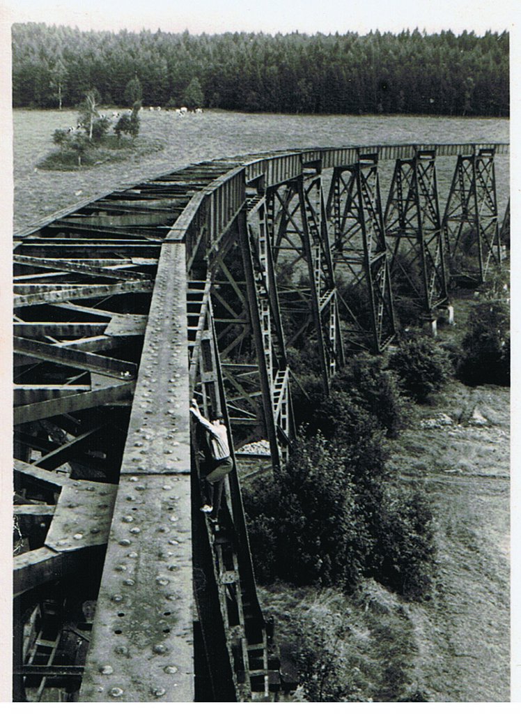 Eisenbahnbrcke ber das sogenannte  Gckeritztal  der 1947 als Reparationsleistung abgebauten Strecke Zwnitz- Scheibenberg(Z-S). Nur die Hochbauten blieben noch verschont. Leider wurden dann alle Brcken dieser Strecke nach und nach in 70´ziger Jahren des vorigen Jahrhunderts demontiert. Grnhain ca. 1971