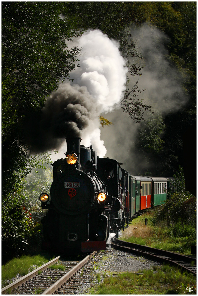 Eisenbahnfest im Feistritztal – 100 Jahre Feistritztalbahn 1911-2011. Aus diesem Anlass fuhr heute diese wunderbare Doppeltraktion, mit den beiden Dampfloks 83-180 und ZB 2 (Zillertalbahn) von Weiz nach Birkfeld.
Anger 15.10.2011 

