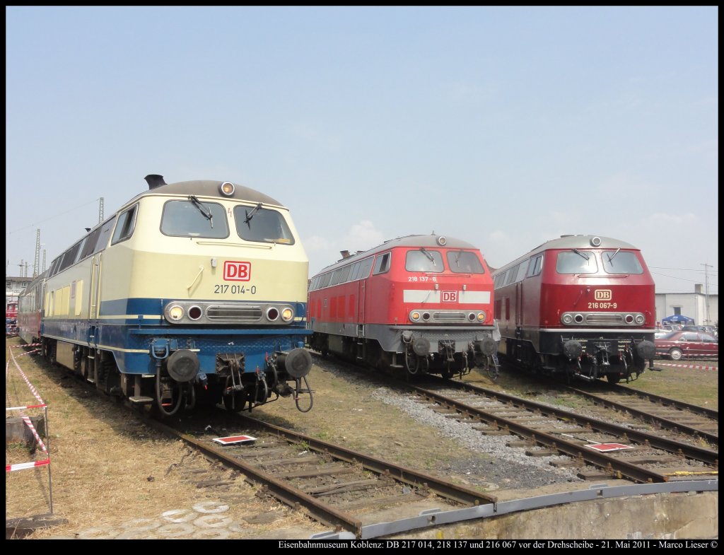 Eisenbahnmuseum Koblenz: 217 014, 218 137, 216 067 (21.05.2011) 