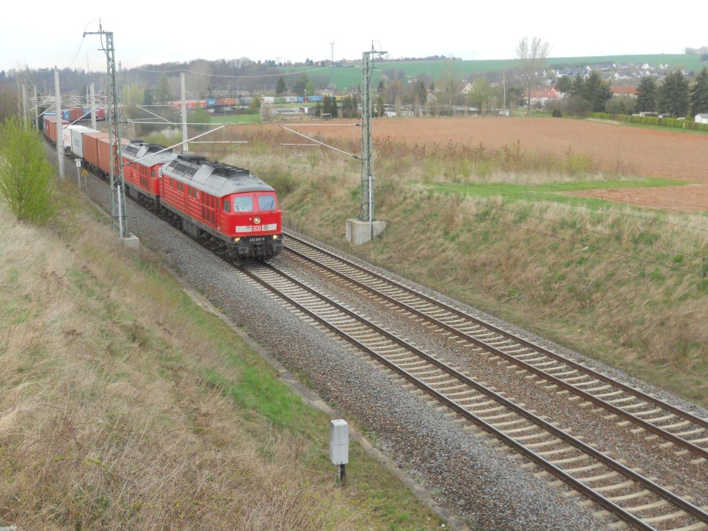 Elbtalumleiter: 232 347+232 673 mit Schachtelexpress am Bogendreieck bei Werdau, kommend aus Zwickau Richtung Reichenbach am 21.04.2012