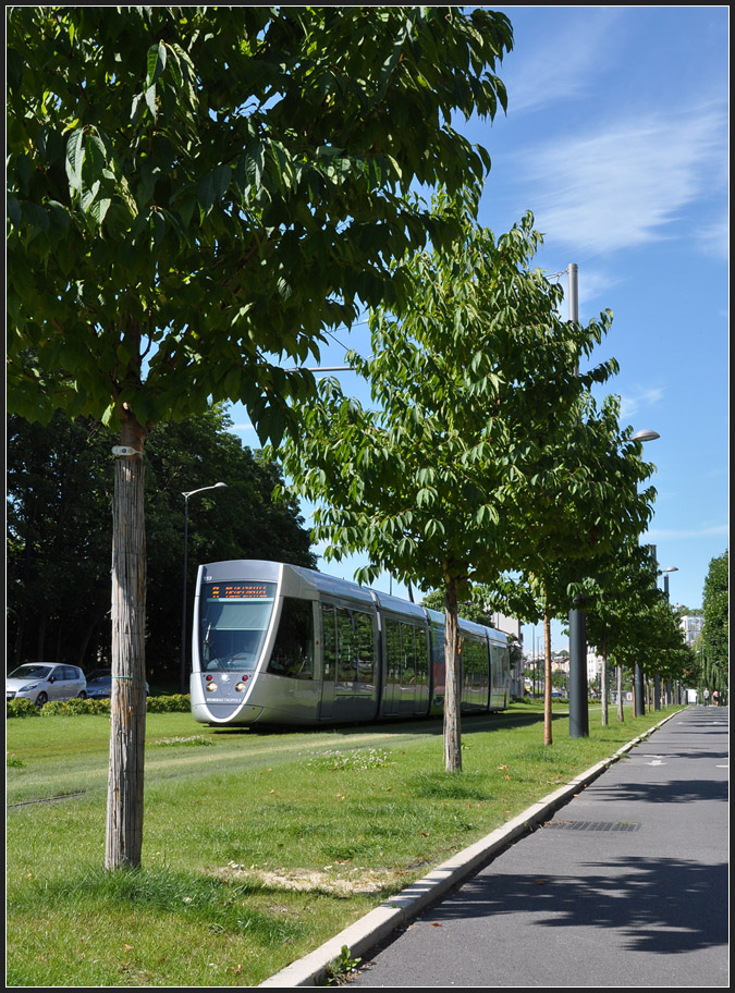 Entlang der Bäume - 

Breite grüne Trasse für die Straßenbahn in der Avenue du Général de Gaulle. Tram 117 auf dem Weg in Richtung Altstadt. 

24.07.2012 (J)
