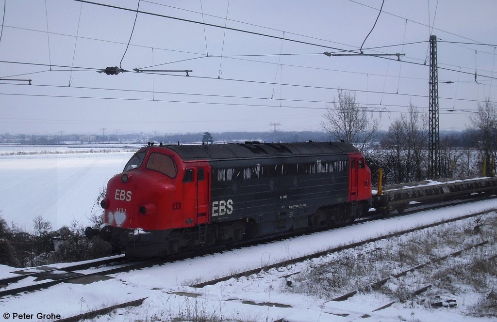Erfurter Bahnservice NOHAB DSB MY 1131 EBS 227 003-1 mit Leerzug zum Betonwerk Zerben bei Genthin, fotografiert in Halle / Saale am 14.03.2013