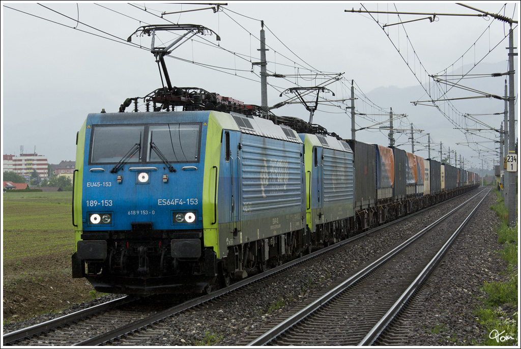 Erstmalig im Aichfeld unterwegs, waren am 17.5.2013 die beiden PKP Cargo Loks 189 153 + 189 842 mit dem Containerzug 42089 (Breclav -Villach). 
Zeltweg 17.5.2013