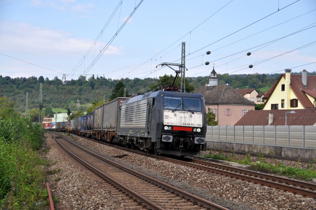 ES 64 F4-150 MRCE derzeit von TXL angemietet mit KLV-Zug auf der KBS 750 in Richtung Ulm.Aufgenommen am 17.9.2011 in Altbach