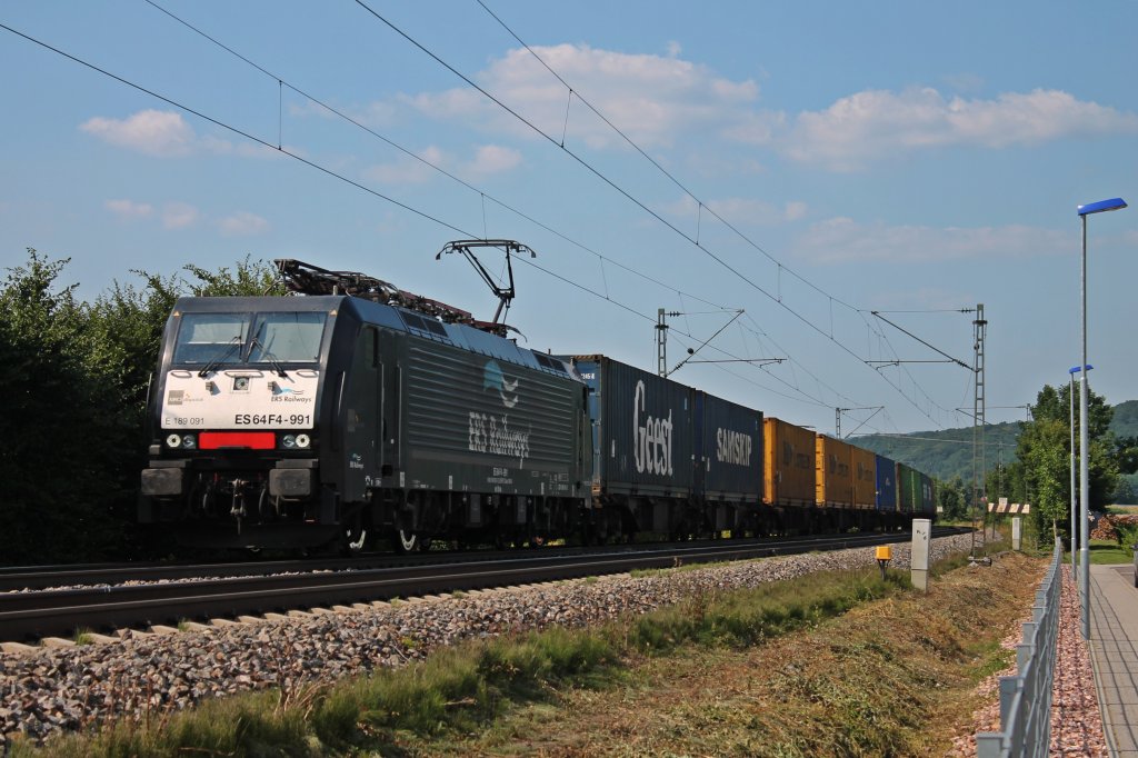 ES 64 F4-991 (ex. DB Railion 189 091-2) von ERS Railways mit einem KLV an der Stadtgrenze von Sexau gen Süden.