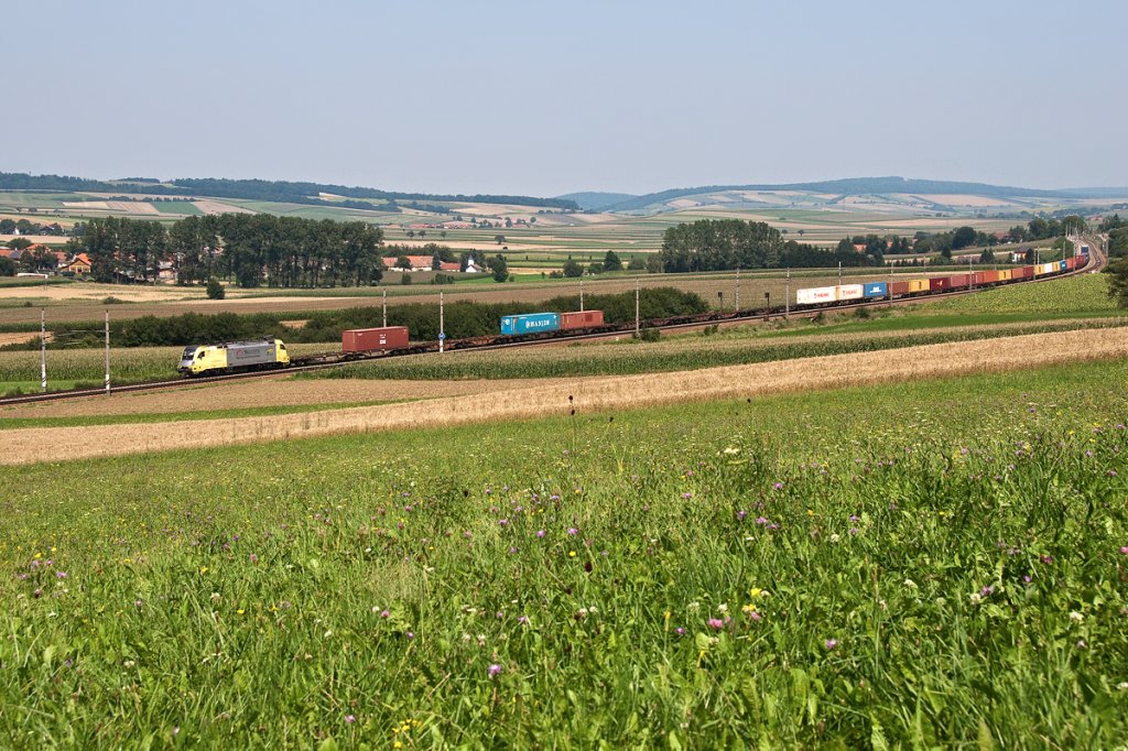 ES 64 U2- 011   TXLogistic  Netlog Verkehrssysteme , am frhen Nachmittag bei sengender Hitze zwischen Neulengbach und Ollersbach um 14:10. Die Aufnahme enstand am 28.07.2012.