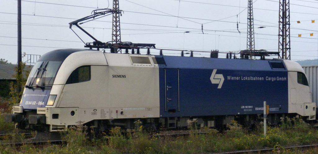 ES 64 U2-064 der Wiener Lokalbahnen Cargo GmbH sm frühen Abend des 27.09.11 bei einem Halt in Naumburg/S.