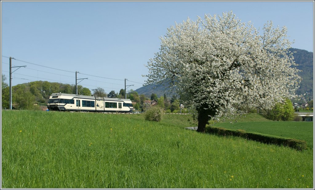 Es ist unübersehbar Frühling geworden: CEV GTW 2/6 kurz nach Château d'Hauteville am 10. April 2011.