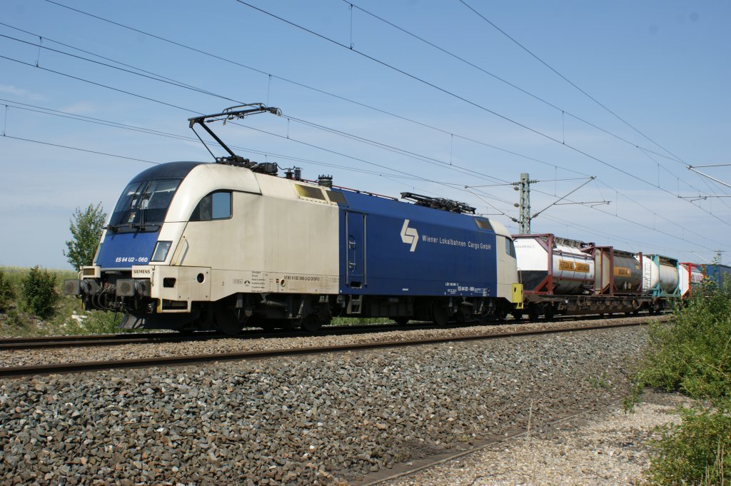 ES64 U2-060 (182 560-3) Wiener Lokalbahnen mit KLV-Zug bei Iphofen am 29.06.2011