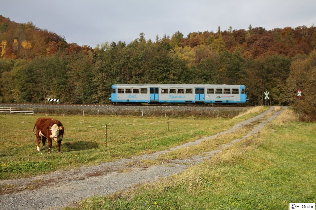 Esslinger Triebwagen VT 407 der KML, (ehemals ENAG Erms-Neckar-Bahn, wiederaufgearbeitet von der MaLoWa Bahnwerkstatt GmbH) als RB 34780 Helbra-Wippra, fotografiert kurz vor Friesdorf am 30.10.2011