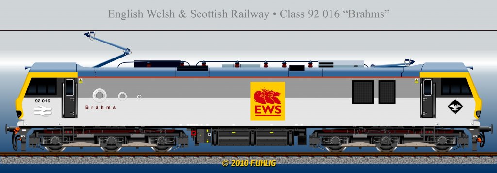 Eurotunnel-Exoten (3) – Nach der Privatisierung der BR kaufte die amerikanische Bahngesellschaft Wisconsin Central (WC) mit Kapitalgebern vier Teilgesellschaften des Frachtbetriebs von BR und fgte diese als English Welsh & Scottish Railway (EWS) zusammen. Vom BR-Bestand an Class 92-Lokomotiven erhielt EWS u.a. die  Brahms , auf der das neue Eigner-Logo unbersehbar ist. 
