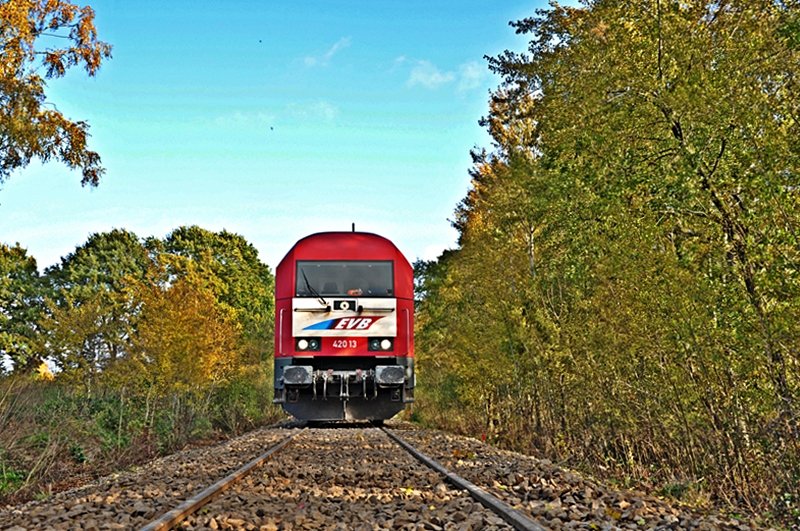 EVB 420 13 bei Bauarbeiten zwischen Bremerfrde und Geestenseth am 25.10.09, fotografiert vom berweg aus vor Geestenseth