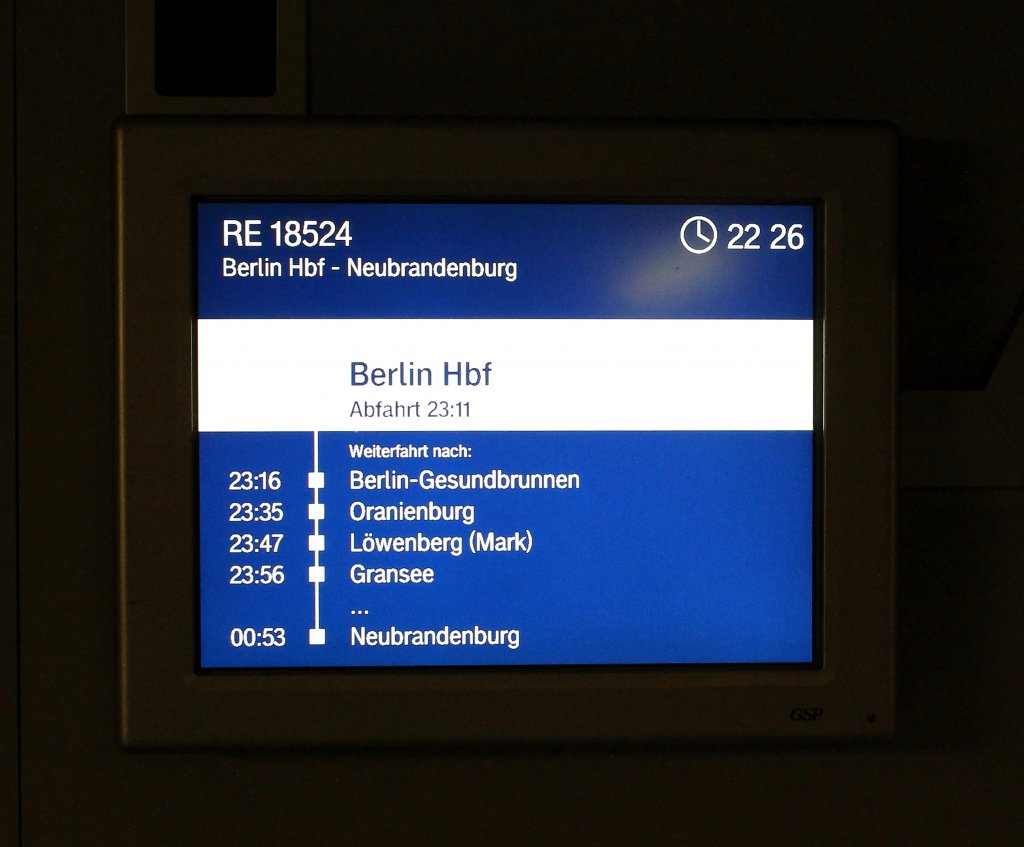 Fahrgastinformationsystem der Fa. GSP fr den letzten Zug auf der Berliner Nordbahnstrecke am 20.04.2012, von Berlin Hbf nach Neubrandenburg.