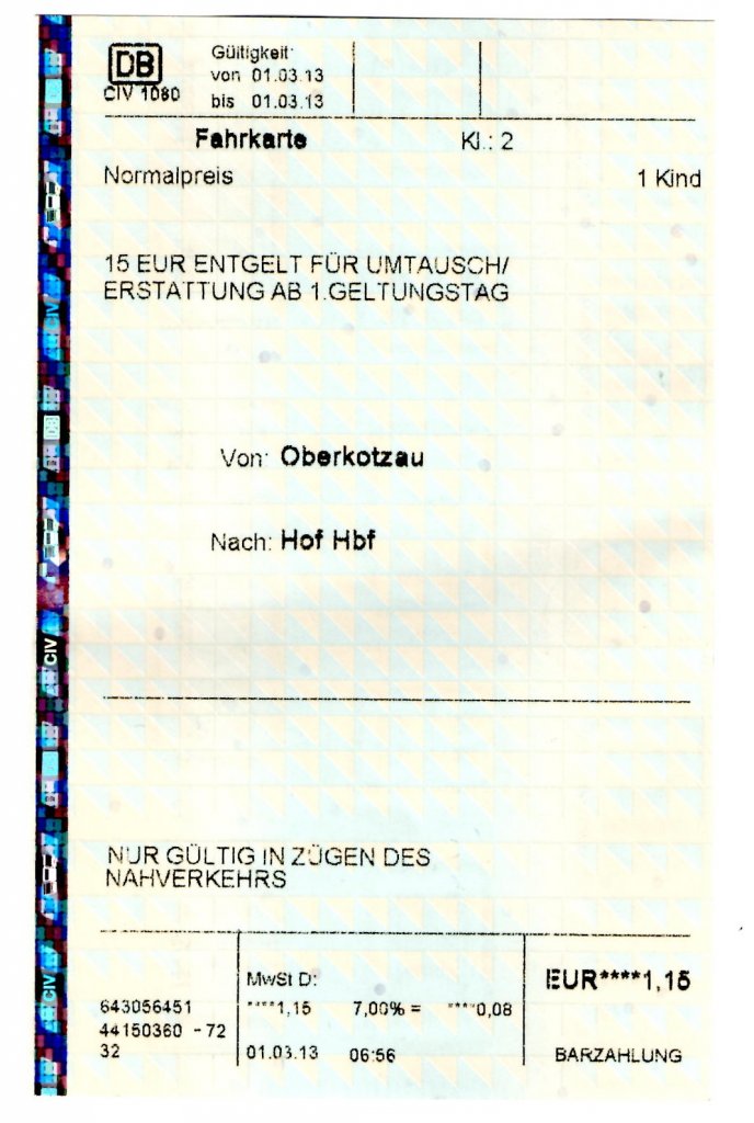 Fahrkarte fr 1 Kind von Oberkotzau nach Hof, gelst am 01.03.13.